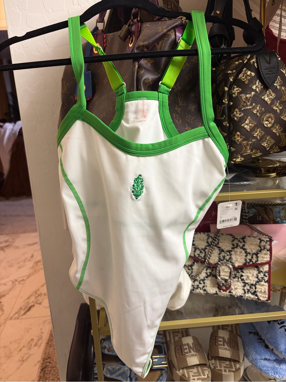 Kids White One-Piece Swimsuit with Green Trim